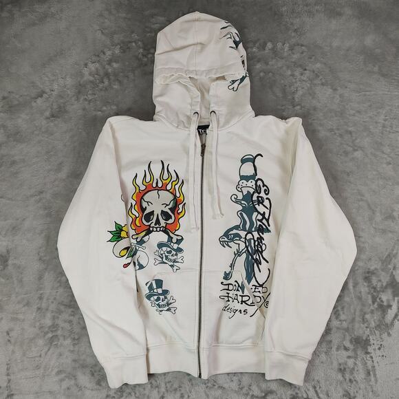 Ed Hardy Other - Don Ed Hardy Flame Skull Men's White Full Zip Up Hoodie Size Large